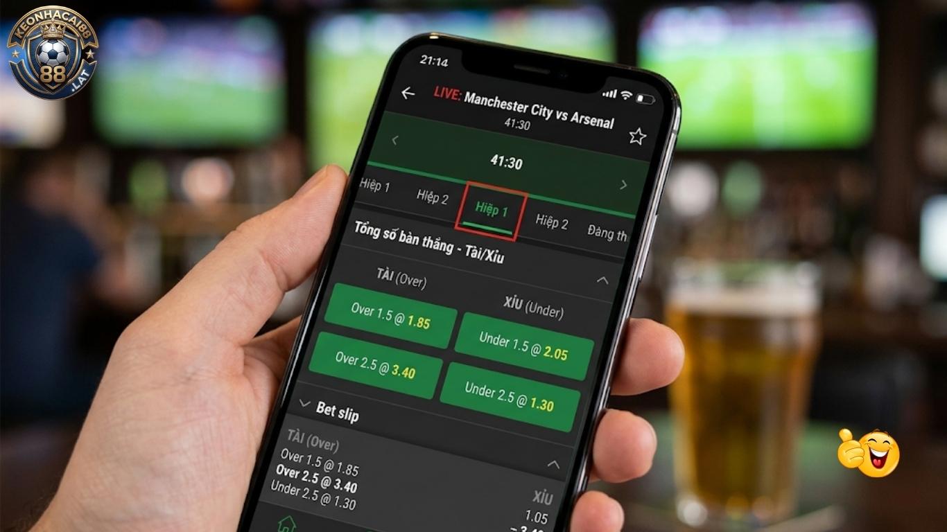 Bảng hiển thị tỷ lệ cược Tài Xỉu hiệp 1 (Half Time) trực tuyến.